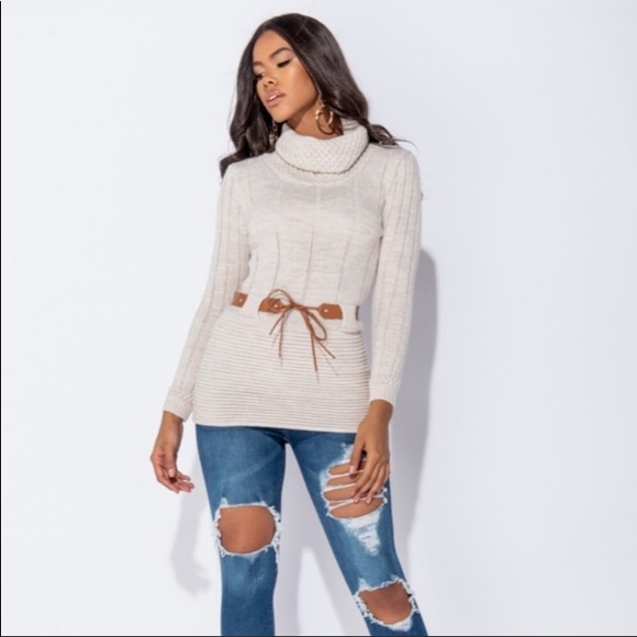 Cream Roll Neck Knit Sweater with Belt size 4 - Picture 4 of 9